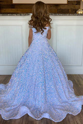 A-Line White Iridescent Sequin Girl Pageant Dress Off-the-Shoulder Mychicdress